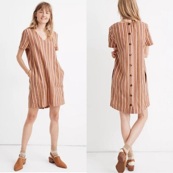 Madewell Linen Button-Back Easy Mini V-neck Short Sleeve Dress Rainbow Stripe S - Picture 1 of 11